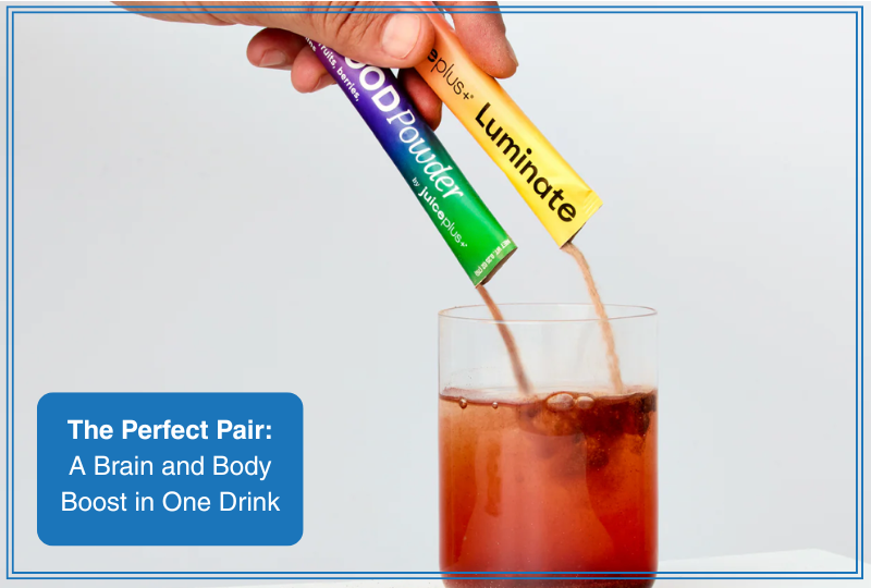 Promotional graphic for ‘The Perfect Pair: A Brain and Body Boost in One Drink,’ featuring the Super Body and Luminate drink pairing.