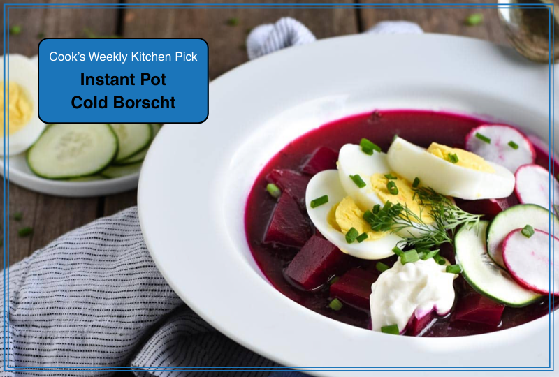 Bowl of chilled beet soup (cold borscht) garnished with dill and a dollop of sour cream, highlighting this Instant Pot summer recipe.