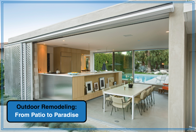 Luxury outdoor remodeling with modern patio, open kitchen, and pool in Phoenix backyard