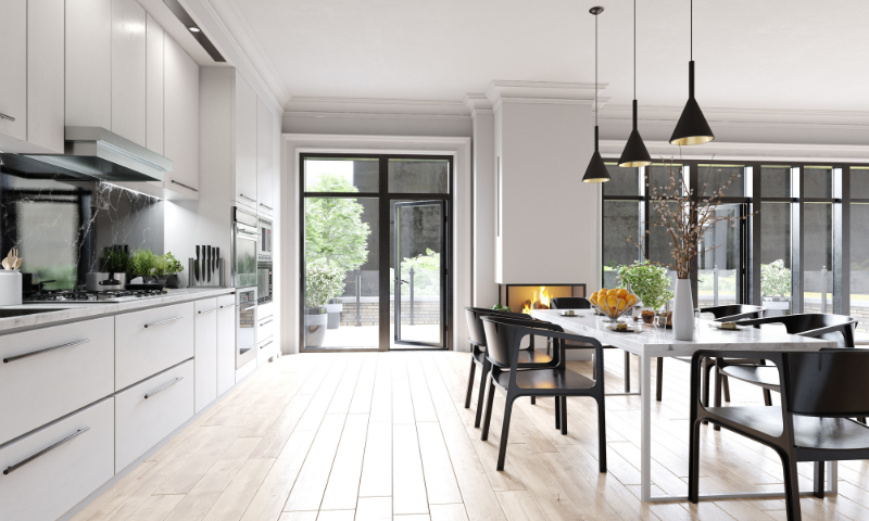 what men want in home remodel white and black masculine kitchen and outdoor living space